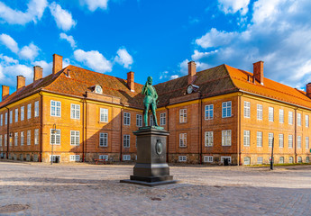 Torvet square in Fredrikstad with statue of the founder of the city - king Fredrik II, Norway