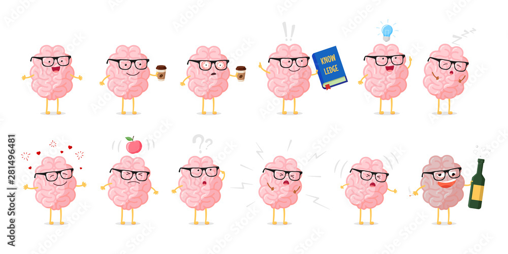Vetor Brain emotions cartoon character set. Education and knowledge ...