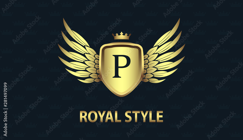Stylish gold shield with wings, crown and initial letter P isolated on ...