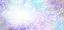 Beautiful Blue Pink Ethereal Special Announcement Background Banner - Multicoloured  Banner With A Soft Blur White Oval On Left For Copy And Trails Of Sparkles And Glitter Rotating Around
