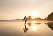 © Mint Images - Rear view of man with surfboard walking on beach during sunset