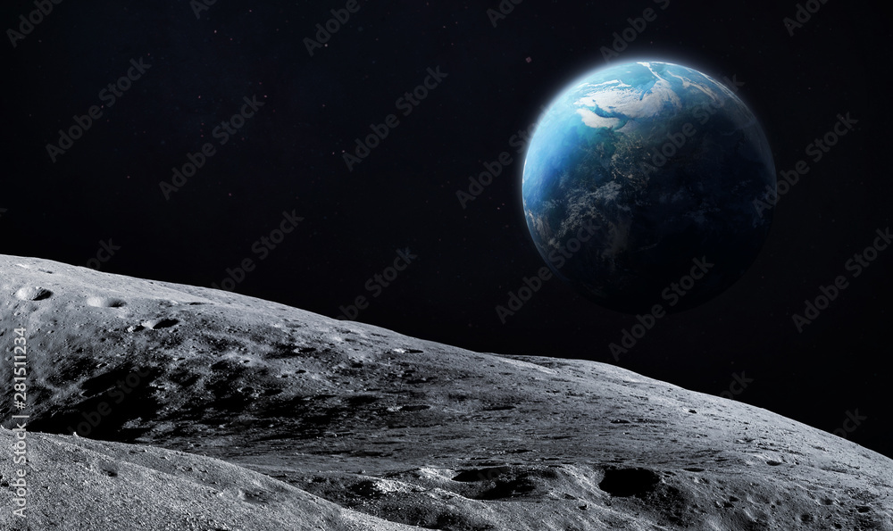 Moon surface and Earth planet on the background. Deep space. Elements ...