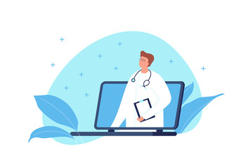 Vector modern flat online medicine banner template illustration. Doctor with stethoscope standing in laptop screen on fluid blue shape on white. Design element for web, hospital, clinic, infographic