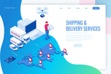 Isometric Logistics And Delivery Infographics. Delivery Home And Office. City Logistics. Warehouse, Truck, Forklift, Courier, Drone And Delivery Man