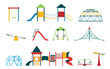 Kid playground equipment flat icons. Vector icon set with different types of elements on the playground.