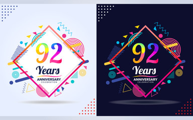 92 years anniversary with modern square design elements, colorful edition, celebration template design,