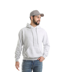 Wall Mural - Portrait of young man in sweater isolated on white. Mock up for design