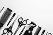 © New Africa - Composition with scissors and other hairdresser's accessories on white background, top view