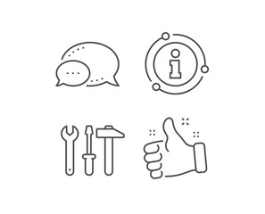 Wall Mural - Spanner, hammer and screwdriver line icon. Chat bubble, info sign elements. Repair service sign. Fix instruments symbol. Linear spanner tool outline icon. Information bubble. Vector