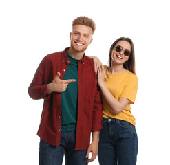 Wall Mural - Young couple wearing blank t-shirts isolated on white. Mockup for design