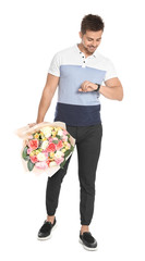 Sticker - Young handsome man with beautiful flower bouquet on white background