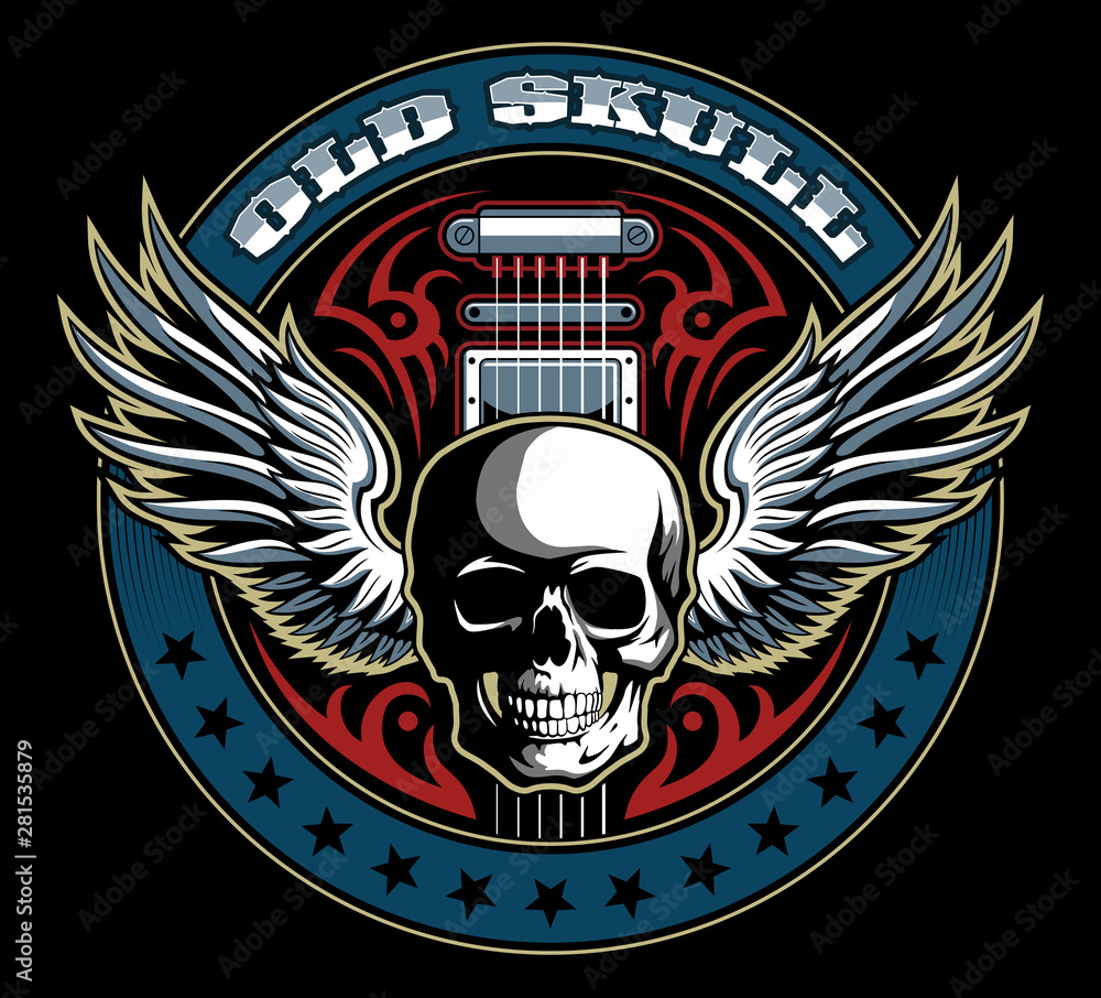 Vintage style vector skull with the wings and electric guitar on ...