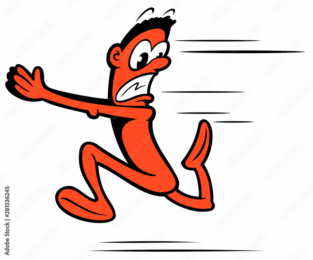 Cartoon style funny running away man, cartoon character.