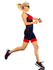 one caucasian woman practicing triathlon triathlete ironman runner running jogger jogging in studio shot isolated on white background