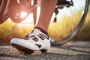 Close up bike shoes ready for cycling outdoors. Sports and outdoor activities concept.