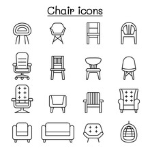 Chair And Sofa Of Front View Icon Set In Thin Line Style