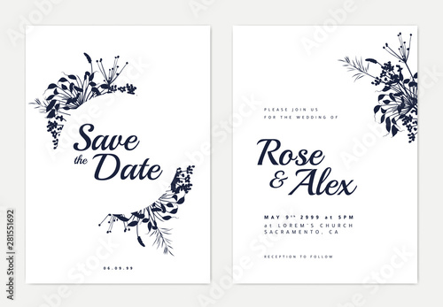 Botanical wedding invitation card template design, dark blue silhouette grass...