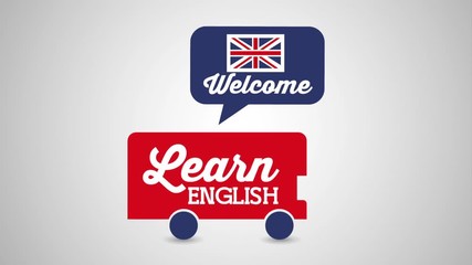 Canvas Print - school bus with british flag learn english animation