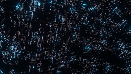 Wall Mural - Seamless loop. Camera pan across neon glow led dots and lines, traversing and navigating inside abstract technology binary data. Concept of Big data, artificial intelligence, core ai, cpu processing