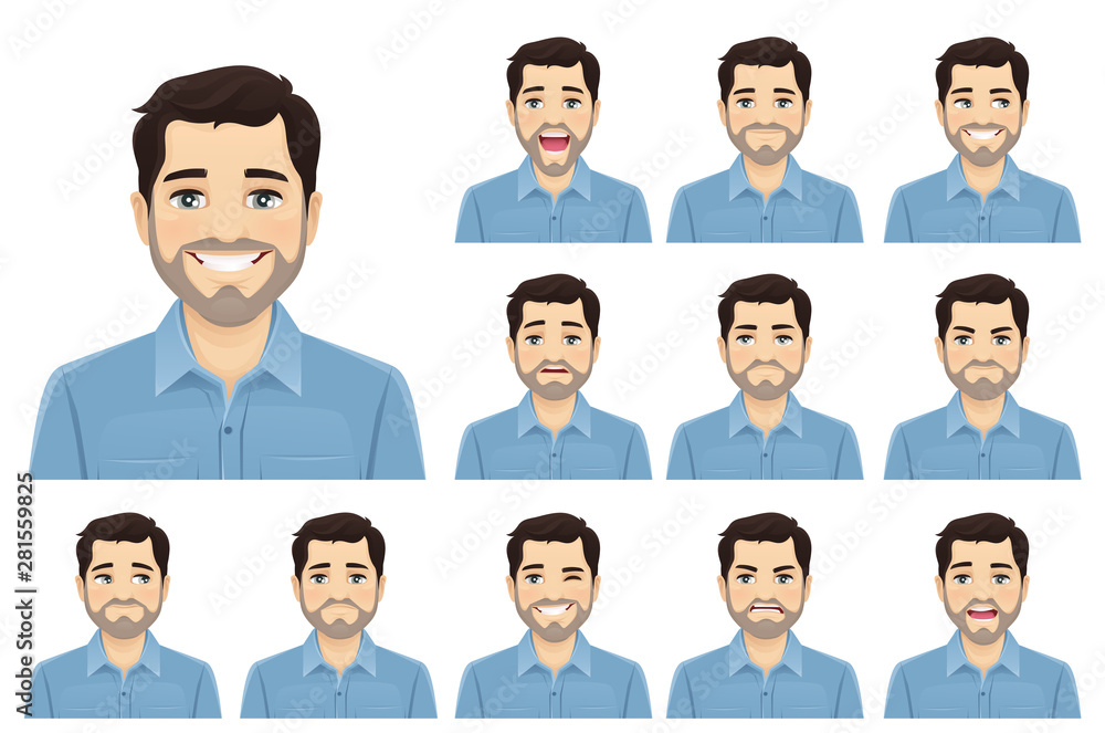 Handsome bearded man with different facial expressions set vector illustration isolated - obrazy, fototapety, plakaty 