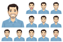 Handsome Bearded Man With Different Facial Expressions Set Vector Illustration Isolated