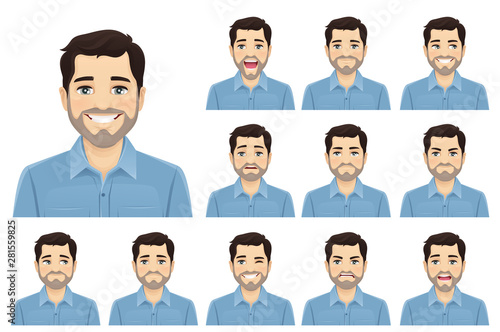 Cuadros en Lienzo Handsome bearded man with different facial expressions set vector illustration i