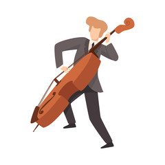 Sticker - Man Playing Cello, Male Musician Contrabassist Character in Elegant Suit with Musical Instrument Vector Illustration