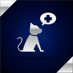 Silver Veterinary clinic symbol icon isolated on dark blue background. Cross with cat veterinary care. Pet First Aid sign. Vector Illustration