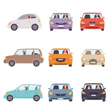 Cars With Drivers Set, Side And Front View Vector Illustration