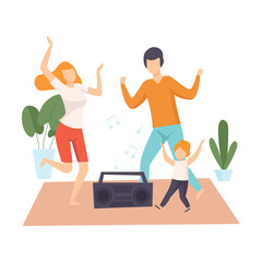 Sticker - Mother, Father and Son Dancing Together, Parents and Their Son in Everyday Life at Home Vector Illustration