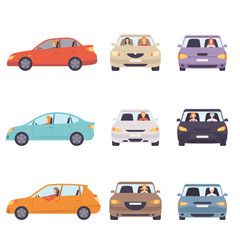 Sticker - Cars with Drivers Set, Side and Front View Flat Vector Illustration