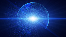 The Dark Blue Background Has A Small Blue  Dust Particle That Shines In A Circular Motion, Explosion Light Ray Beam.