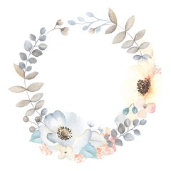 Wall Mural - Floral wreath with flowers Anemones, leaves and branches in vintage watercolor style. Vector illustration on white background for your text. Invite frame.