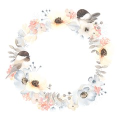 Sticker - Wreath with birds Chickadee, flowers anemone, leaves and branches. Vector floral illustration in vintage watercolor style on white background.