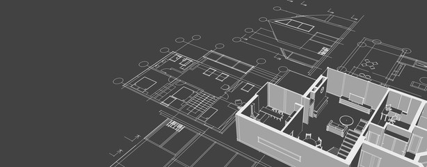 house architectural project sketch 3d illustration
