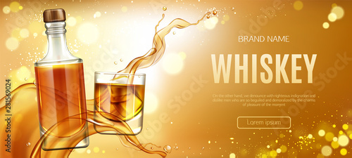 Whiskey Bottle And Glass With Ice Cubes And Splash Mockup Banner