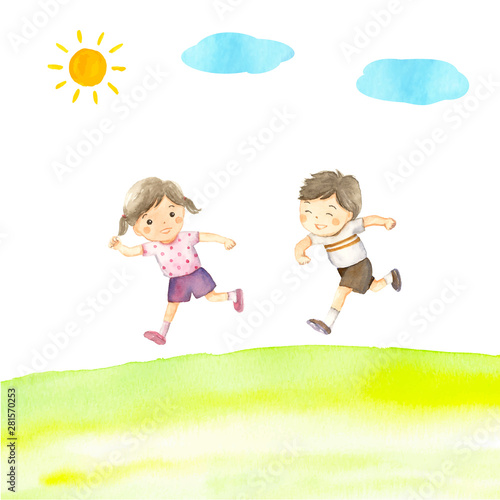 野原で走る子どもたち 水彩イラスト Stock Vector Adobe Stock