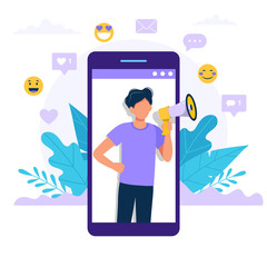 Wall Mural - man with megaphone inside smartphone - refer a friend, promotion, advertising announcement concept i