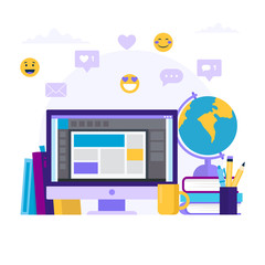 Wall Mural - online education concept illustration with a computer and different books. vector illustration in fl