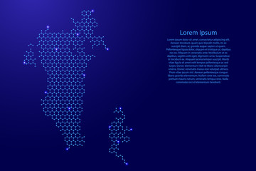 Wall Mural - Bahrain map from futuristic hexagonal shapes, lines, points  blue and glowing stars in nodes, form of honeycomb or molecular structure for banner, poster, greeting card. Vector illustration.