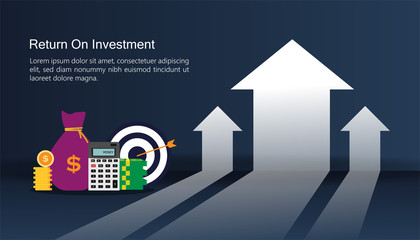 Wall Mural - Return on investment concept. business growth arrows to success. money stock pile, calculator, and money bag. chart increase profit. finance rising up. flat style vector illustration