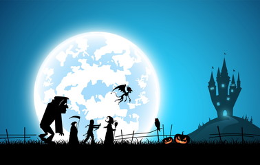 illustration blue background,festival halloween concept,full moon on dark night with many ghost,scarecrow,frankenstein and devil walking to castle for celebration halloween day