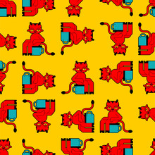 Baby Demon Pattern Seamless. Little Red Devil Background. Small Fiend On Potty Toilet Ornament. Childrens Cloth Texture