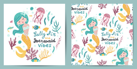 Wall Mural - Set of seamless pattern and card with cute mermaid