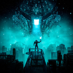 Wall Mural - hitching a ride / 3d illustration of lone astronaut signalling giant spaceship with flaming torch ab