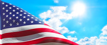 Usa American Flag Isolated On Blue Cloud Sky Background Panorama Wide View Of Natural Color Of United States Of America National Symbol Waving Sign For Patriotic Day Landscape Photo Wallpaper