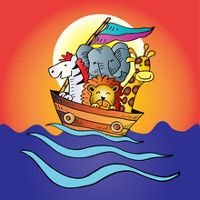 Cute Animals On Boat. Cartoon Illustration.
