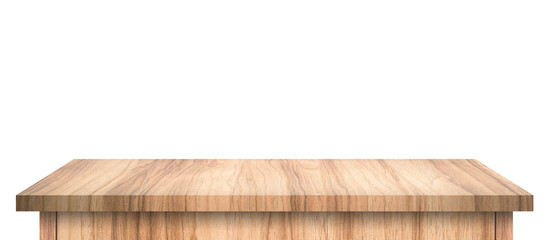 Poster - Empty Wood table with abstract pattern isolated on pure white background. Wooden desk and shelf display board with perspective floor. ( Clipping path )