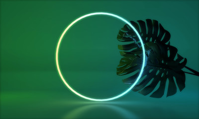 Wall Mural - Glowing neon light with tropical monstera leaf. 3D Render