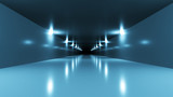 Fototapeta Do przedpokoju - Futuristic sci-fi tunnel interior. Science fiction corridor. Abstract modern technology background. 3d illustration